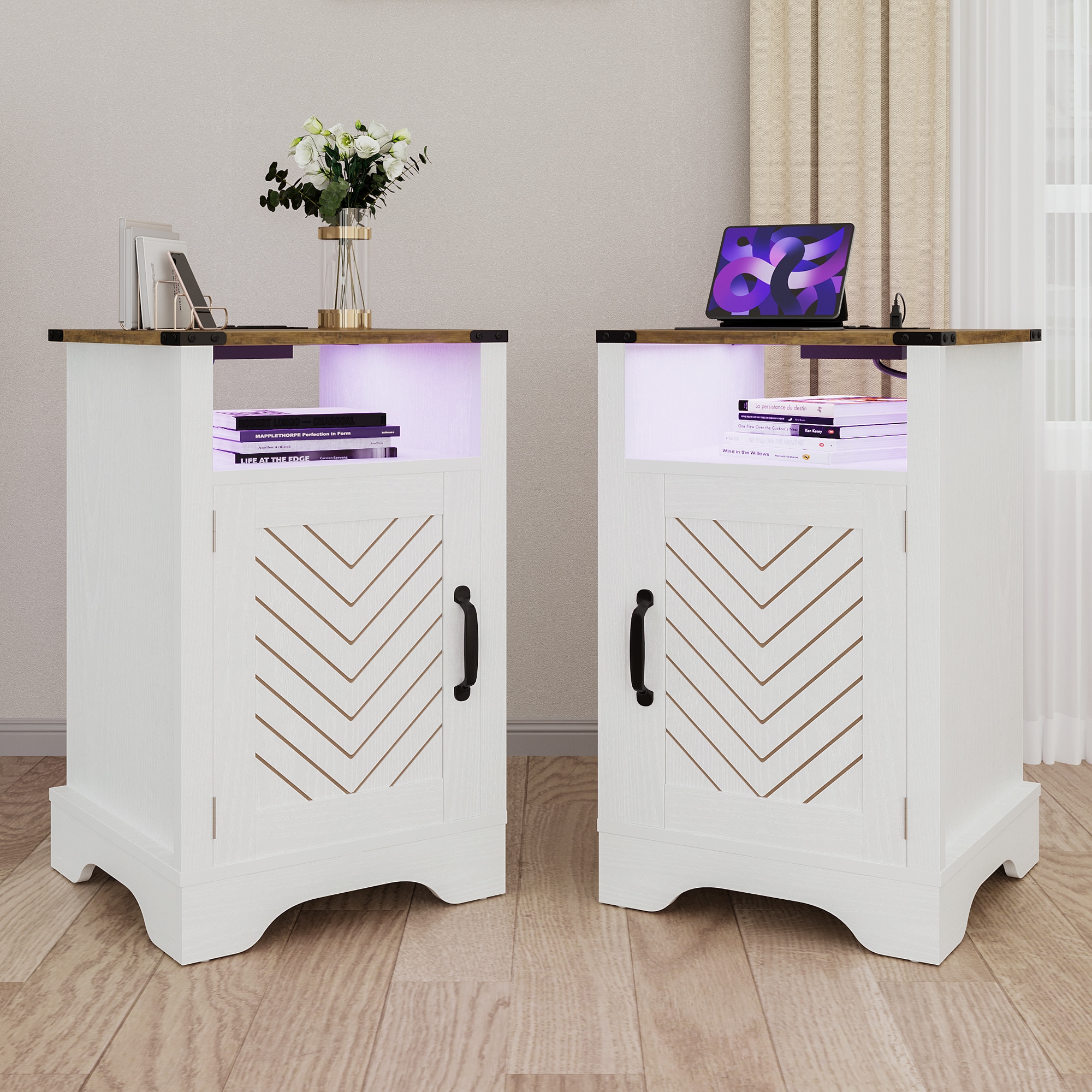 Set Of 2 Bedside Tables With Charging Station And Storage White_voghion.com
